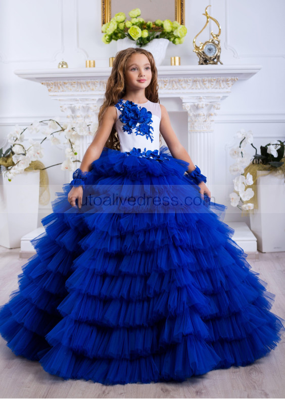 Royal Blue Lace Tulle Tiered Flower Girl Dress Birthday Party Dress